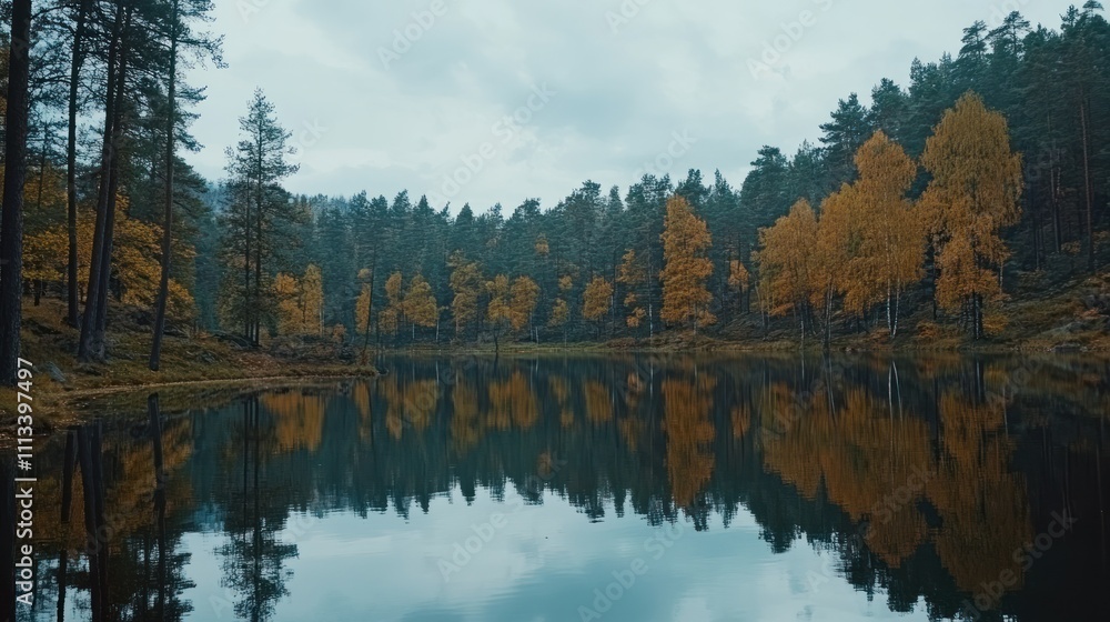 Autumnal Forest Lake Reflecting Trees and Sky Autumnal Forest Lake Reflecting Trees and Sky