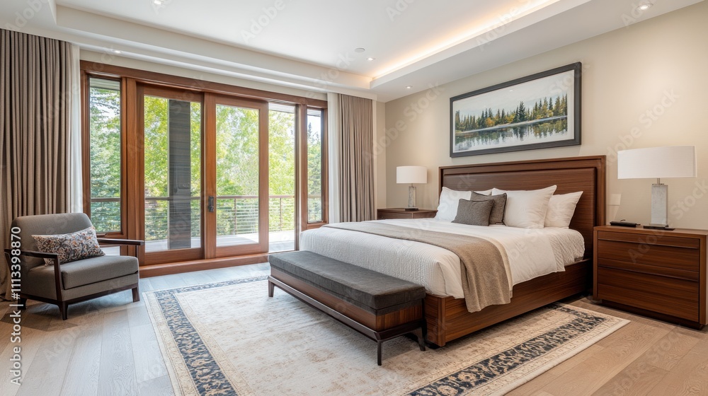Fototapeta premium Modern Bedroom With Wooden Bed And Patio Access