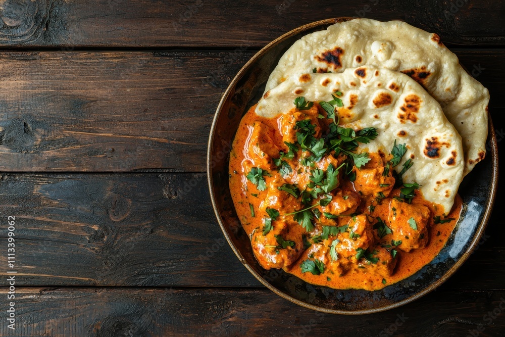 Delicious butter chicken with naan a culinary adventure in indian cuisine rustic wooden table setting food photography home kitchen vibrant colors and textures for food lovers Delicious butter chicken with naan a culinary adventure in indian cuisine rustic wooden table setting food photography home kitchen vibrant colors and textures for food lovers