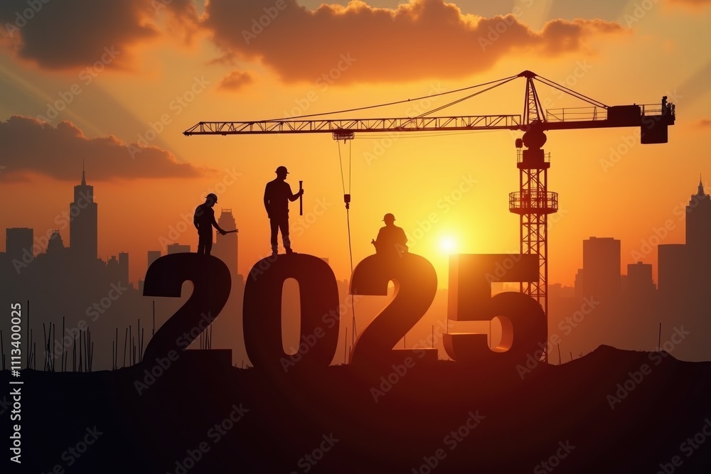 Fototapeta premium Construction Site with Sunrise Cityscape and 2025 Numbers. Generative AI