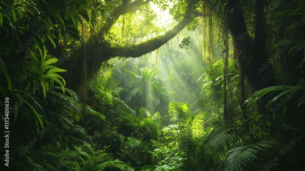 Naklejka premium Lush Rainforest Sunlight Beams Through Canopy
