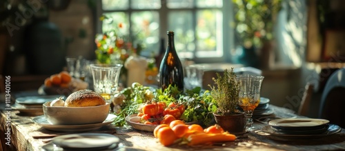 Rustic table setting with fresh herbs, vegetables, bread, and wine.