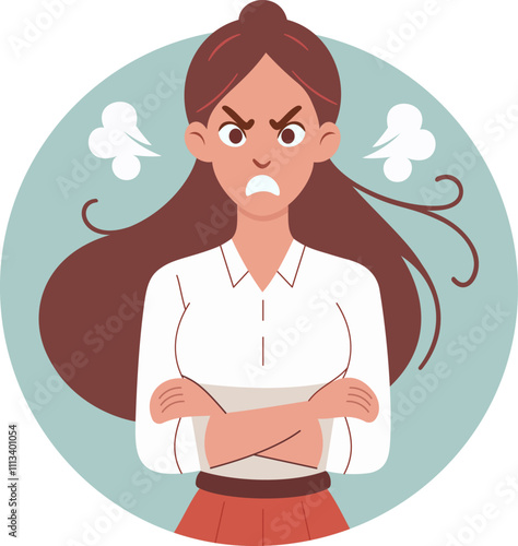Flat Vector Illustration of an Angry Woman with Arms Crossed and Steam Coming Out of Her Ears