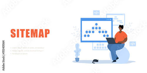 Sitemap creation concept. Website creation tool. SEO optimization. African Female developer with laptop. Vector illustration.