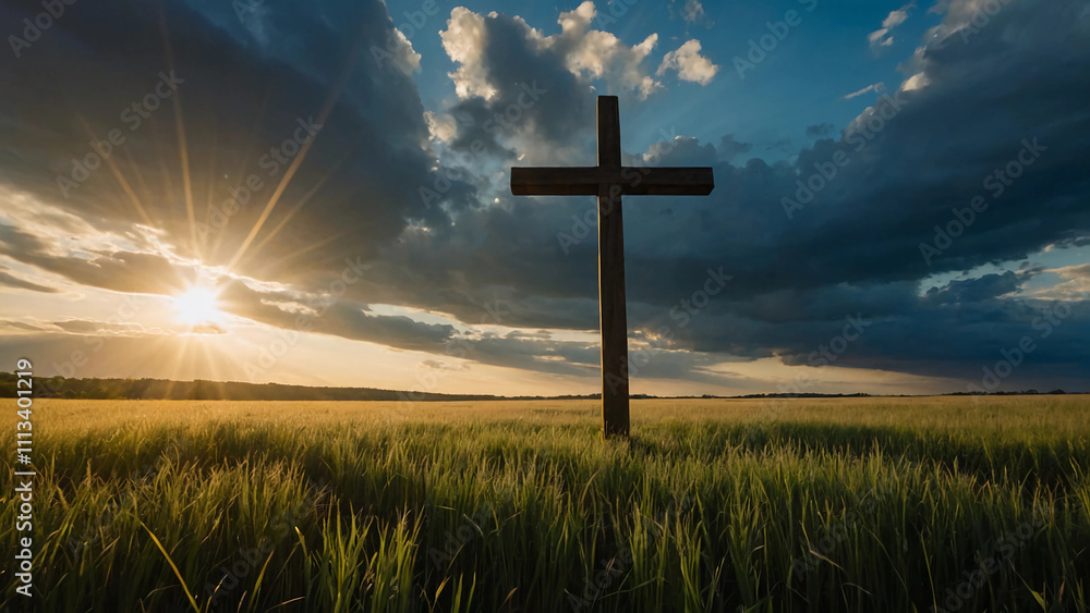 A wooden cross is standing in a field of tall grass A wooden cross is standing in a field of tall grass