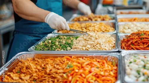 Vibrant Multicultural Dining Scene Featuring a Spread of Diverse International Cuisine Options at a Street Food Market Setting