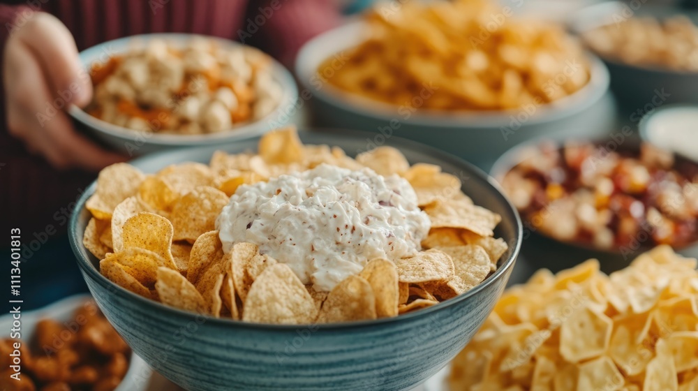 Assortment of Comforting Snacks and Treats on a Table in a Cozy Living Room Setting Gathered for a Relaxed Movie Night Gathering at Home