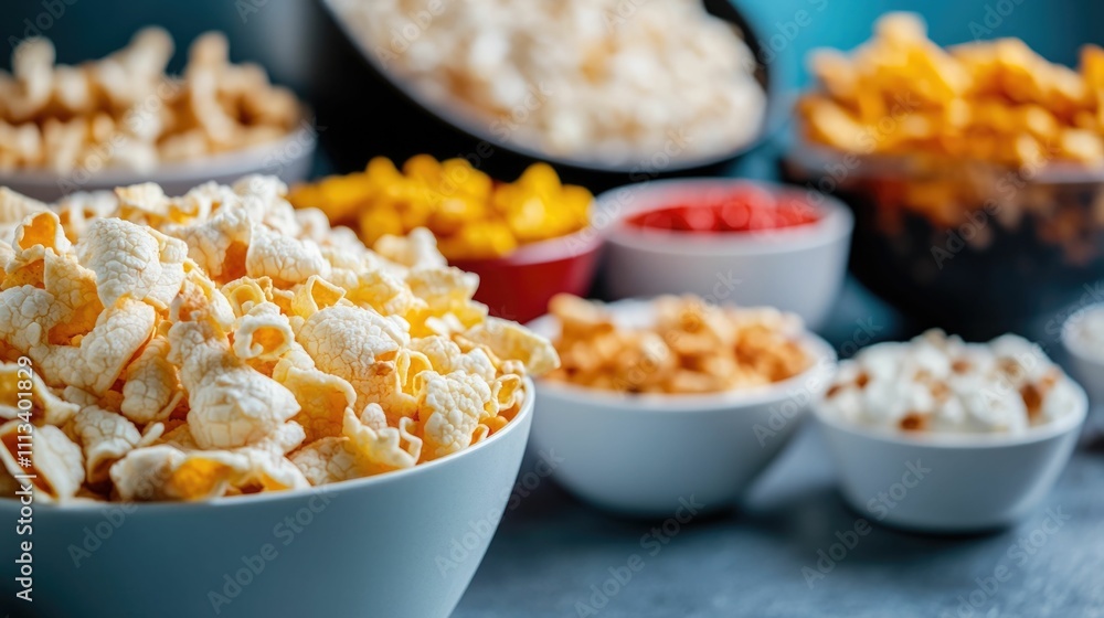 An assortment of comforting snacks and treats laid out on a table ready to be enjoyed during a relaxing movie night at home The spread includes a variety of savory and sweet bites An assortment of comforting snacks and treats laid out on a table ready to be enjoyed during a relaxing movie night at home The spread includes a variety of savory and sweet bites