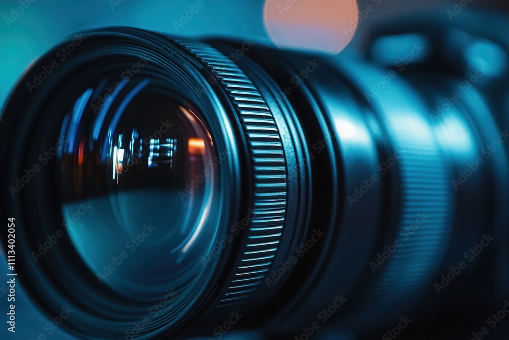 Close-up of a professional camera lens with bokeh background. Close-up of a professional camera lens with bokeh background.