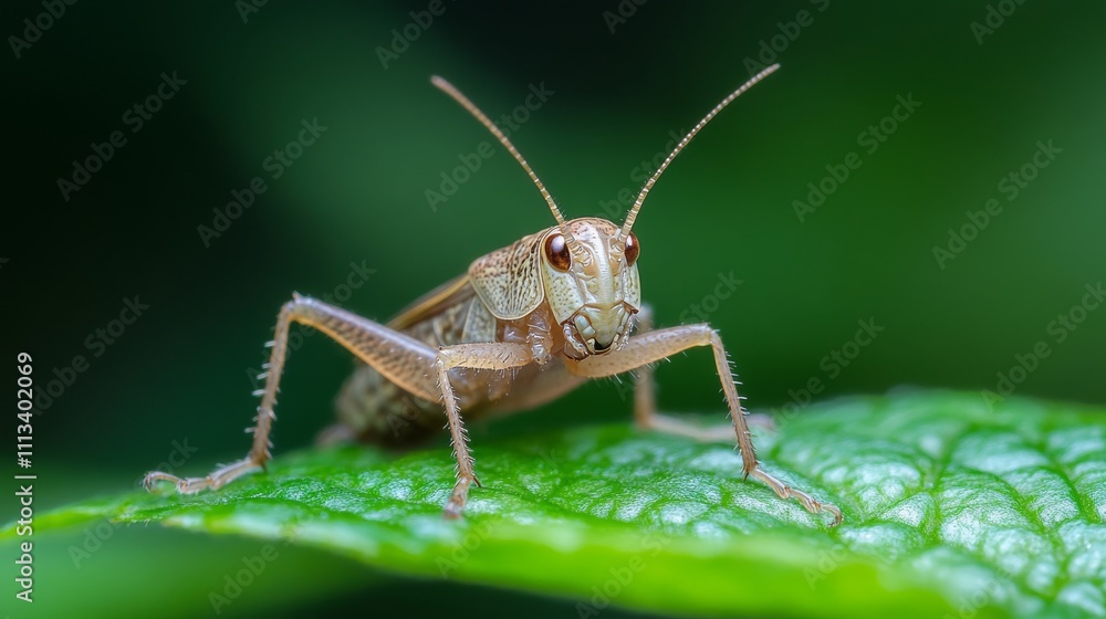 Close-Up of a Brown Grasshopper on a Green Leaf in Nature Close-Up of a Brown Grasshopper on a Green Leaf in Nature