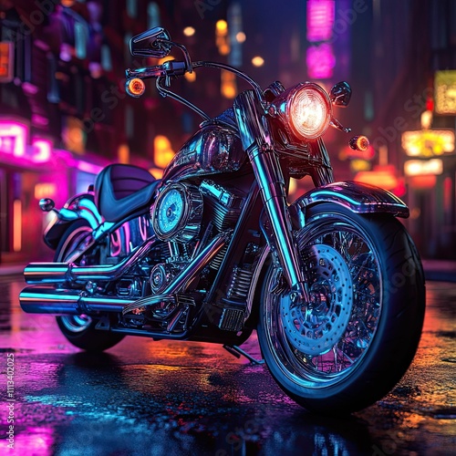 Chrome motorcycle, neon city night, wet street. photo