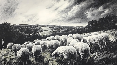 Dramatic black and white artwork of a flock of sheep grazing on a hillside under a stormy sky.