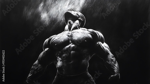 Dramatic black and white charcoal drawing of a muscular man with his head tilted back, arms outstretched, showcasing his powerful physique against a dark, textured background.