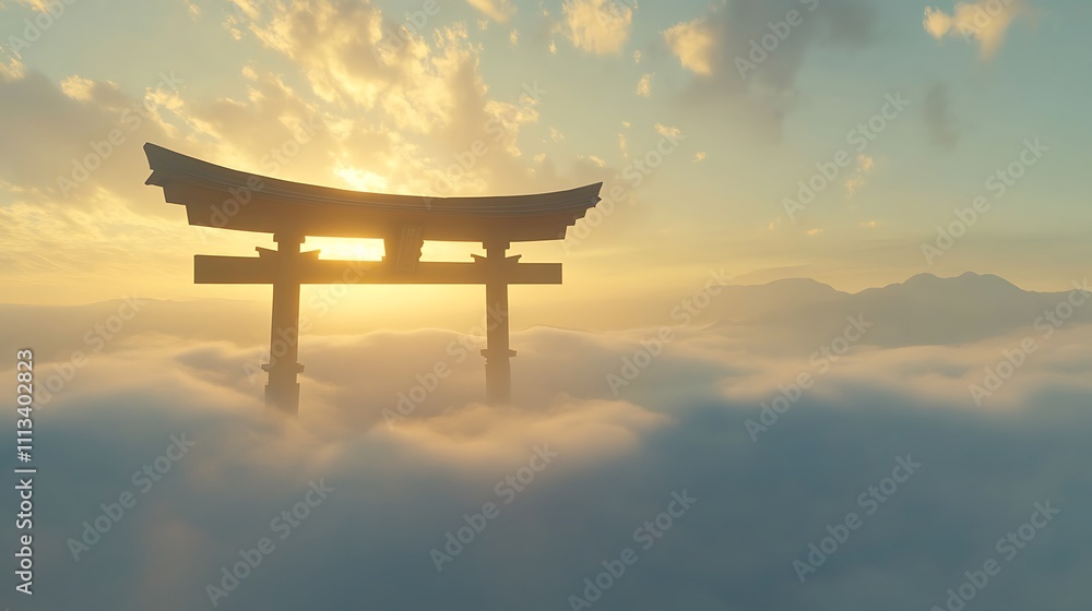 Torii gate above clouds at sunset. Torii gate above clouds at sunset.