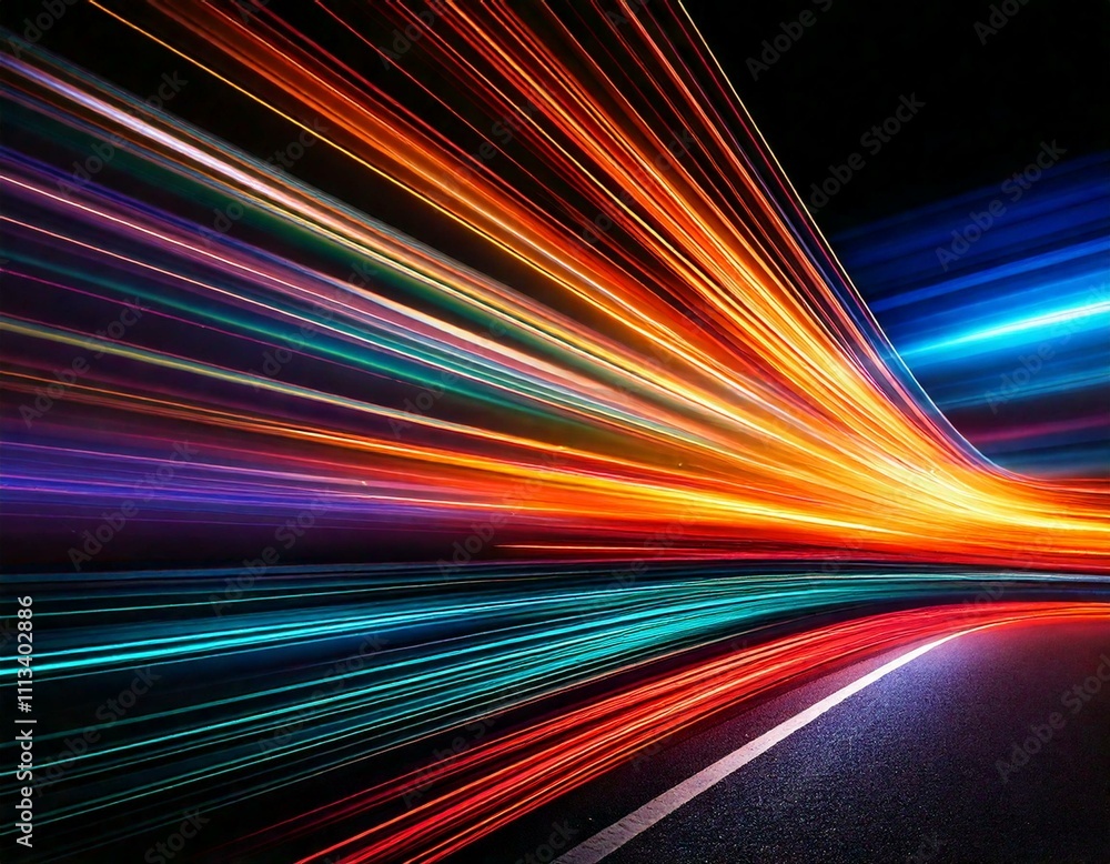 Dynamic long-exposure shot of vibrant, multicolored light trails curving along a dark road, symbolizing speed and motion.