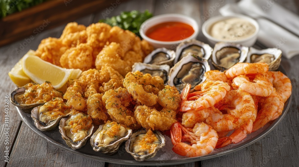 Delicious Seafood Platter Oysters, Shrimp, Fried Calamari, Dipping Sauces Delicious Seafood Platter Oysters, Shrimp, Fried Calamari, Dipping Sauces