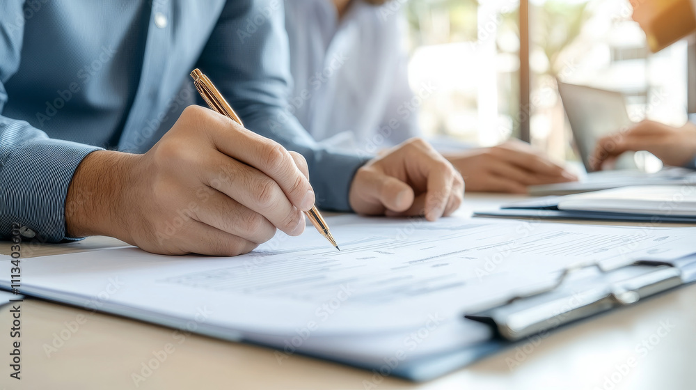 Document signing in modern office setting with focused professionals Document signing in modern office setting with focused professionals