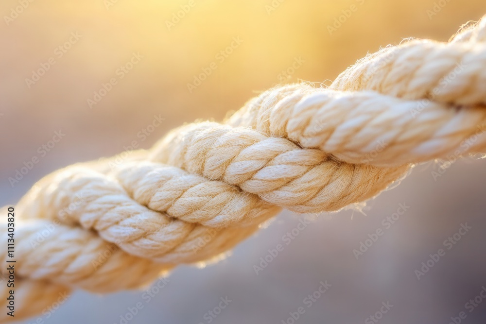 Close-up of a thick, twisted beige rope in soft sunlight. Close-up of a thick, twisted beige rope in soft sunlight.