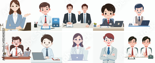 Vector set of a happy administrative staff with a simple and minimalist flat design style. plain white background