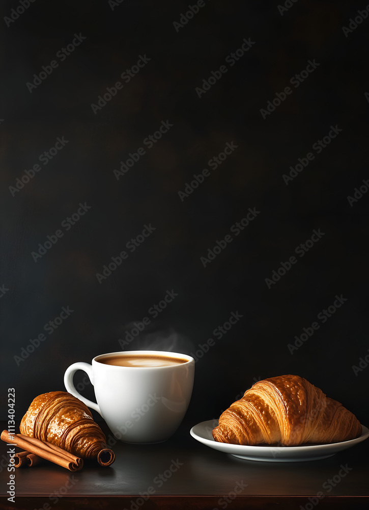 Black background, coffee and croissant on the table, flat composition Black background, coffee and croissant on the table, flat composition