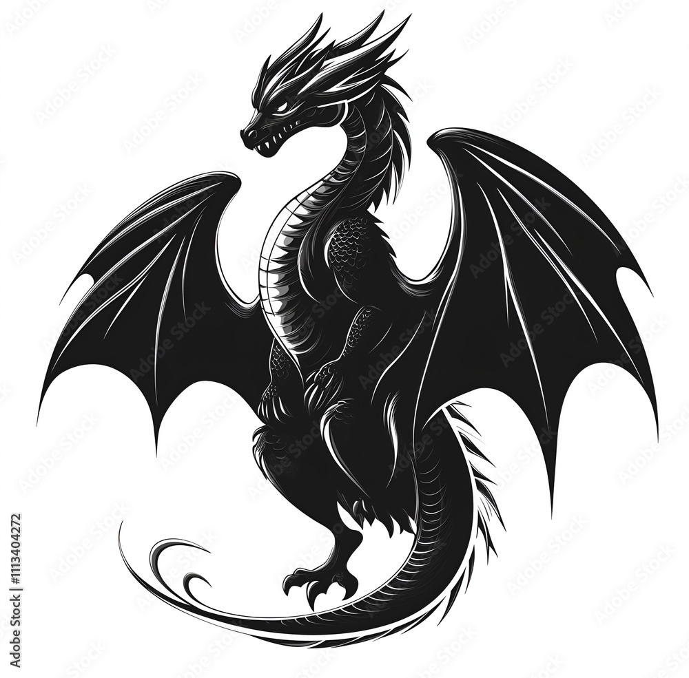 Fototapeta premium Silhouette of a dragon with wings, vector graphic on a white background