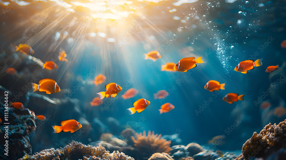 Fototapeta premium Vibrant Underwater Scene of Colorful Fish Swimming in Coral Reef with Sunlight Rays