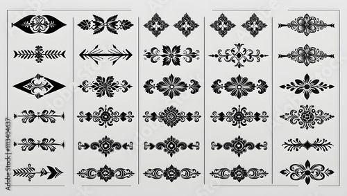 A collection of decorative elements in a symmetrical black style, offering timeless patterns for enhancing visual design and adding sophistication to any creative work.	 photo