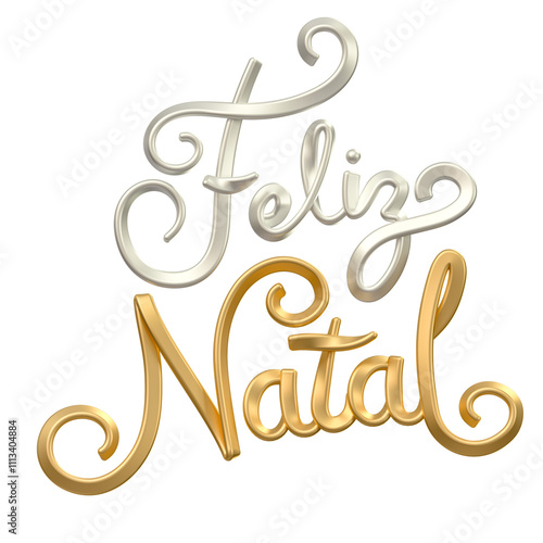 Merry Christmas name in Brazilian Portuguese in gold in 3d render with transparent background