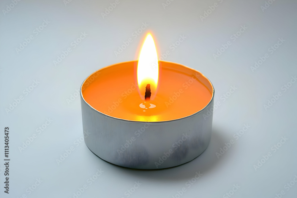A candle burning softly with a gentle flame, isolated against a white background, representing tranquility, memory, and quiet celebration.