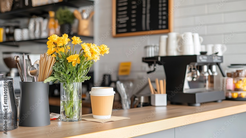 A cozy cafe scene featuring a coffee cup and a bouquet of yellow flowers on a wooden counter, complemented by a coffee machine in the background. A cozy cafe scene featuring a coffee cup and a bouquet of yellow flowers on a wooden counter, complemented by a coffee machine in the background.