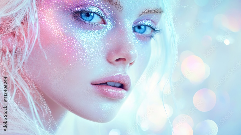 A close-up of an ethereal model with white hair and blue eyes, wearing iridescent makeup A close-up of an ethereal model with white hair and blue eyes, wearing iridescent makeup