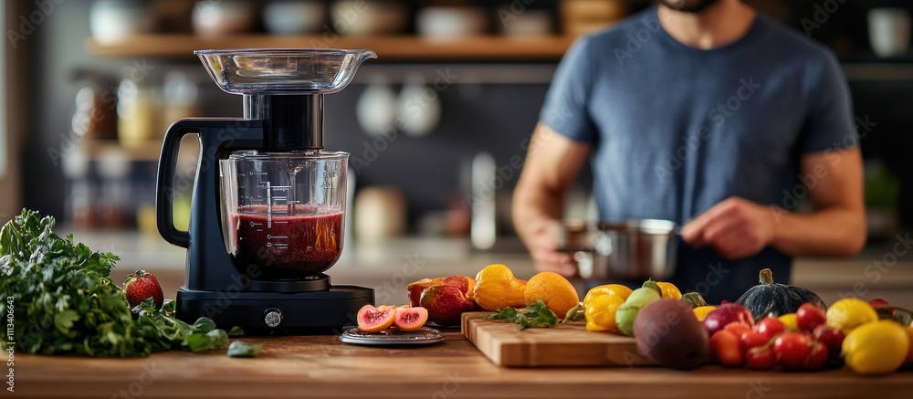 A blender with red juice in it on a kitchen counter with a man in the background and assorted fruits and vegetables around it. A blender with red juice in it on a kitchen counter with a man in the background and assorted fruits and vegetables around it.