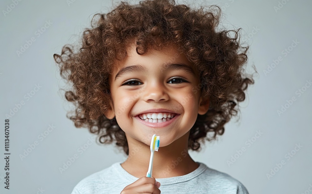 A cute little boy with curly hair smiles and holds a toothbrush in his hand, against a clean background A cute little boy with curly hair smiles and holds a toothbrush in his hand, against a clean background
