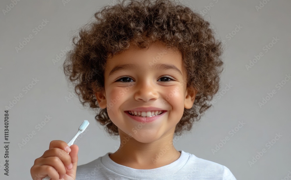 A cute little boy with curly hair smiles and holds a toothbrush in his hand, against a clean background A cute little boy with curly hair smiles and holds a toothbrush in his hand, against a clean background