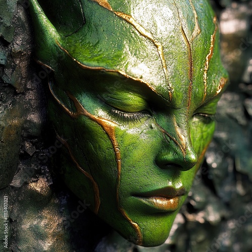 A close-up of a green-skinned female creature with closed eyes and golden veins, blending with a leafy background. photo