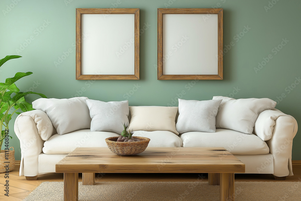 Fototapeta premium Rustic coffee table near sofa against green wall 