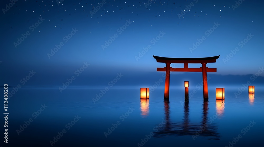 Serene night scene with torii gate, lanterns, and calm water reflecting stars. Serene night scene with torii gate, lanterns, and calm water reflecting stars.