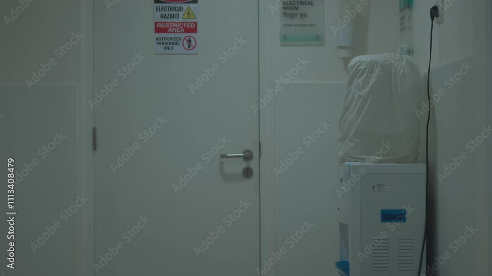 A closed white door with warning signs in a utility area, next to a covered water dispenser and safety equipment A closed white door with warning signs in a utility area, next to a covered water dispenser and safety equipment