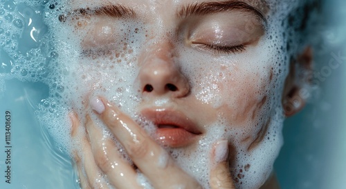 A beautiful woman is washing her face with water, close-up of the front view, blue background, bubbles flying in white foam on top of her head