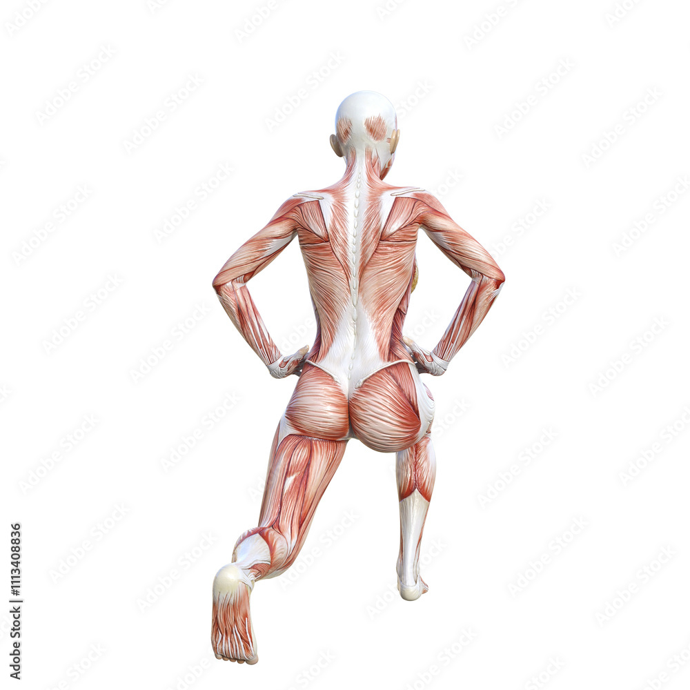 ストレッチをする筋肉の女性人体模型の3Dイラスト 全身 後ろ向き