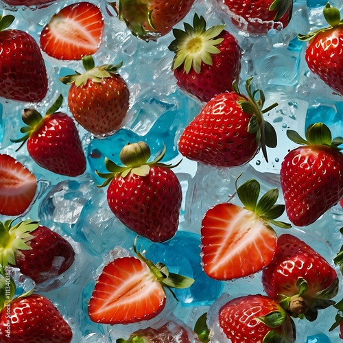 Juicy Red Strawberries Immersed In Sparkling Ice Cubes