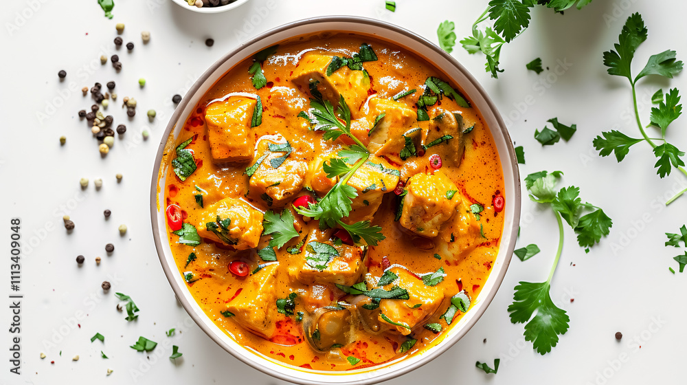 Curry: Bowl of curry with a flavorful sauce, often with meat or vegetables, served with rice or bread on a white background. Curry: Bowl of curry with a flavorful sauce, often with meat or vegetables, served with rice or bread on a white background.