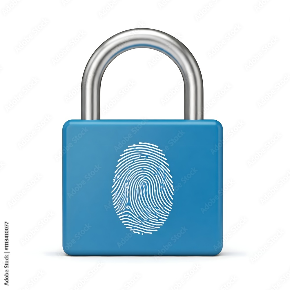 lock icon, 3D Render of a Blue Padlock with White Fingerprint Icon, Unlocked Design lock icon, 3D Render of a Blue Padlock with White Fingerprint Icon, Unlocked Design