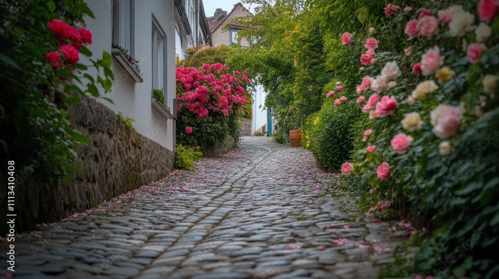 Fototapeta premium Rose petals fall along a cobblestone lane between houses