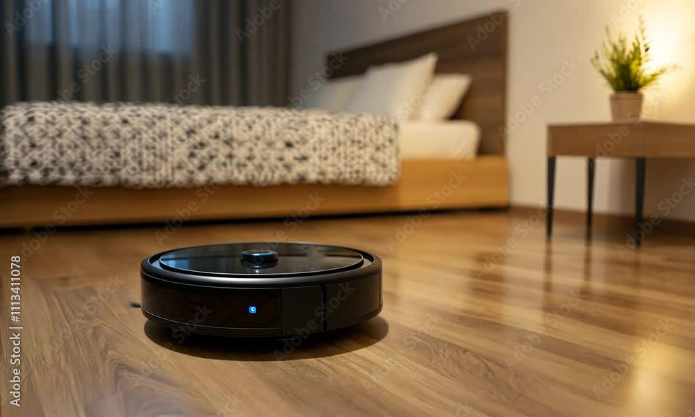 A black robot vacuum cleaner is on a wooden floor in a bedroom A black robot vacuum cleaner is on a wooden floor in a bedroom