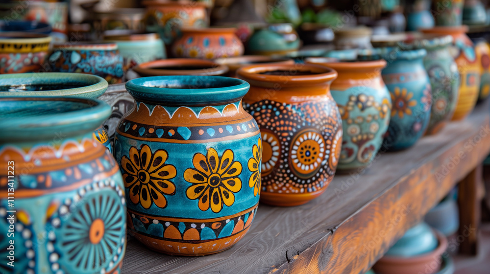 Traditional Mexican Ceramic Pottery with Colorful Patterns Traditional Mexican Ceramic Pottery with Colorful Patterns
