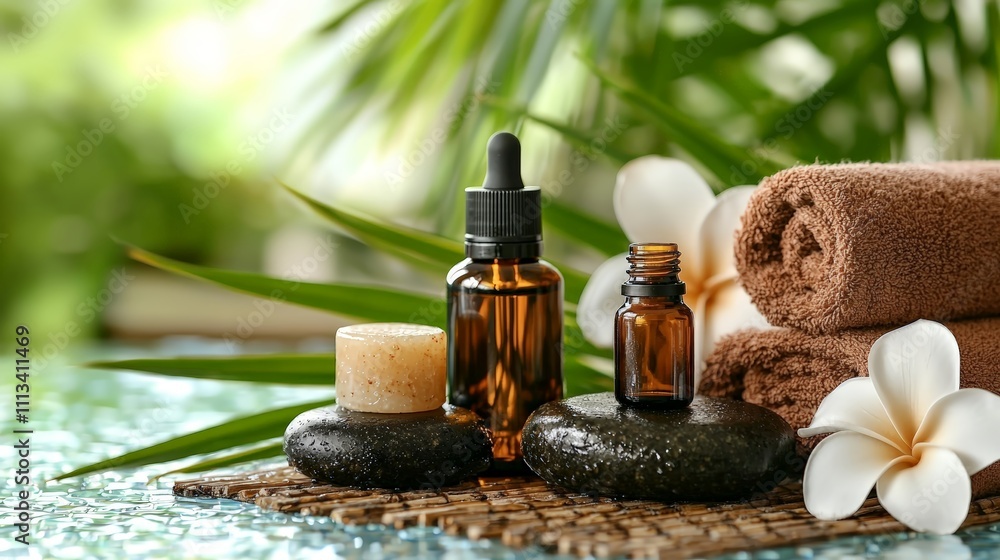 Luxurious Spa Setup with Essential Oils and Massage Stones Luxurious Spa Setup with Essential Oils and Massage Stones