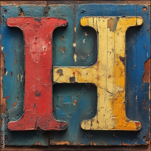 Here's a 10-word (or less) description: Distressed wooden letter H, photo