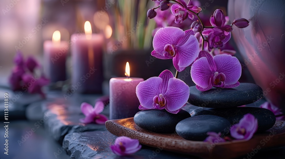 Massage Stones on Wooden Tray with Scented Flowers and Candles Massage Stones on Wooden Tray with Scented Flowers and Candles