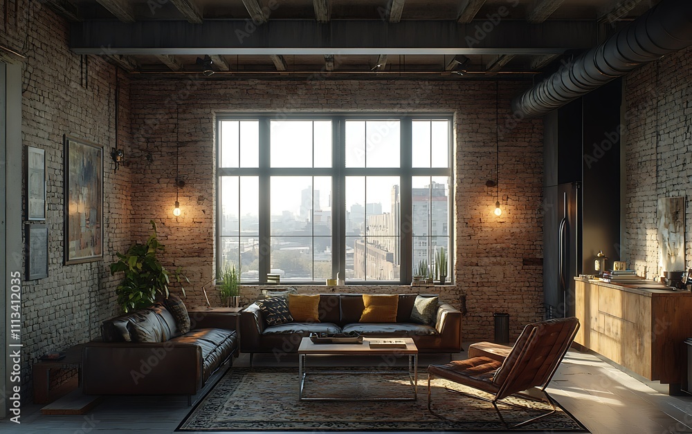 Sunlit industrial loft apartment living room with exposed brick walls, large window, leather sofa, and wooden furniture. Sunlit industrial loft apartment living room with exposed brick walls, large window, leather sofa, and wooden furniture.